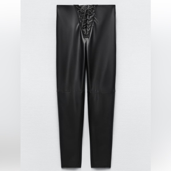 ZARA Trafaluc vegan leather leggings size XS, mid-raise, lace up front Gothic - Picture 4 of 10
